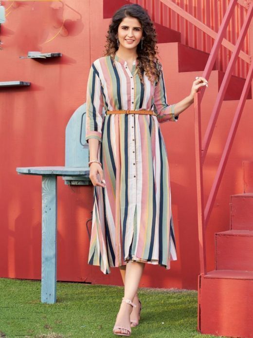 Gorgeous Multi-Color Lining Printed Rayon Readymade Kurti With Belt 