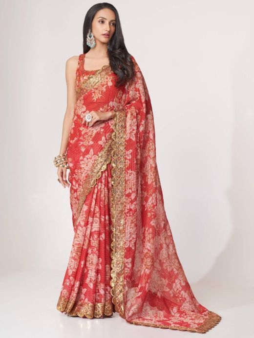 Charming Red Floral Printed Organza Occasion Wear Saree