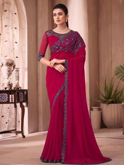 Alluring Red Sequined Georgette Party Wear Saree With Blouse