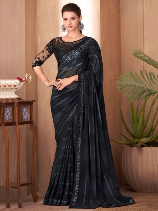 Flaunted Black Sequined Rainbow Silk Party Wear Saree with Blouse