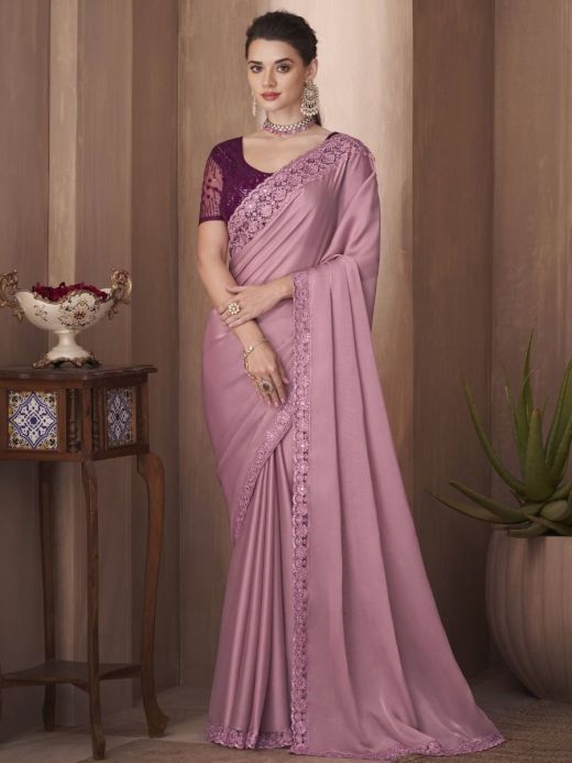 Elegant Flamingo Pink Lace Embroidered Silk Party Saree With Blouse