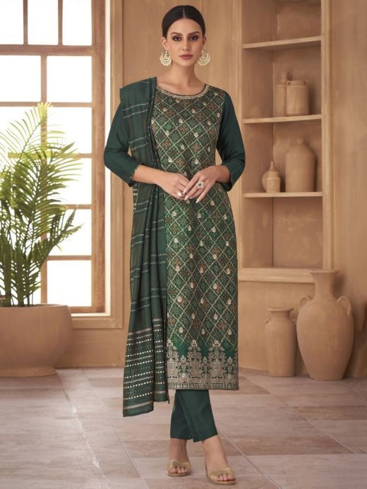 Glamourous Dark Green Embroidered Silk Festival Wear Salwar Kameez 