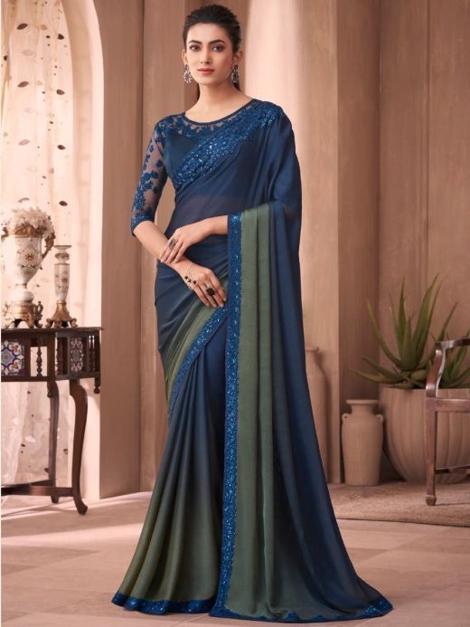 Opulent Blue Lace Embroidered Silk Party Wear Saree With Blouse