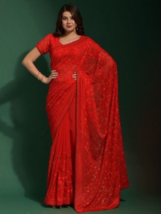 Fascination Red Embroidered Georgette Party Wear Saree With Blouse
