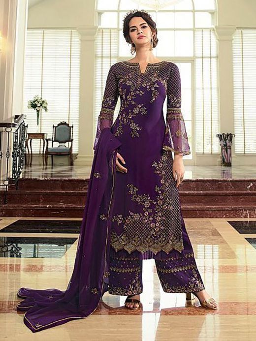 Purple Embroidered Georgette Festive Wear Palazzo Suit 