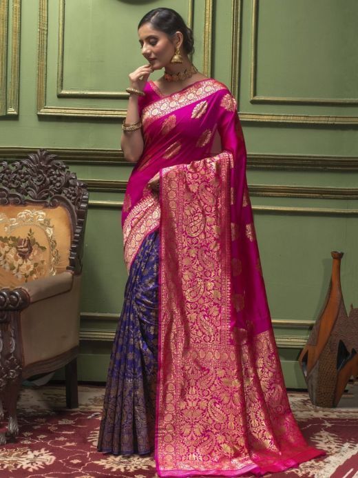 Unexpected Pink-Violet Zari Weaving Banarasi Silk Saree