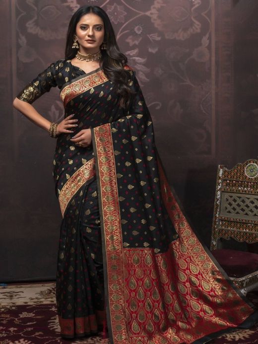 Elegant Black Jacquard Woven Silk Festival Wear Saree With Blouse
