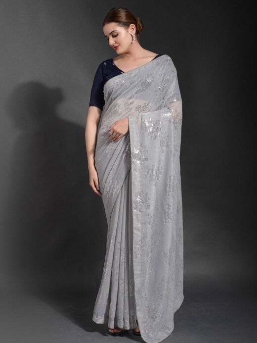 Desirable Grey Sequined Georgette Cocktail Party Saree With Blouse