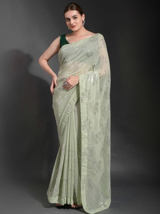 Beauteous Limegreen Sequined Georgette Cocktail Party Saree With Blouse