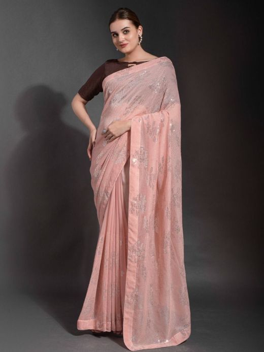 Awesome Peach Sequined Georgette Cocktail Party Saree With Blouse