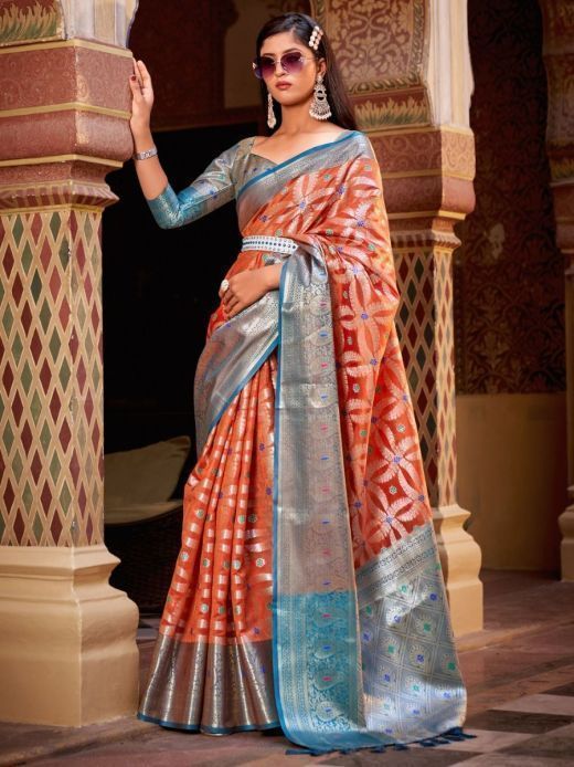 Alluring Orange Woven Tissue Silk Traditional Saree