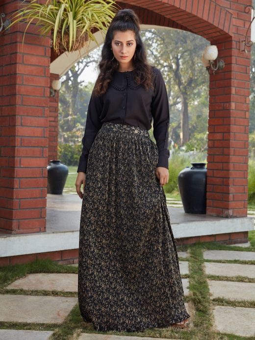 Black Printed Imported Indo Western Ready To Wear Skirt With Crop Top