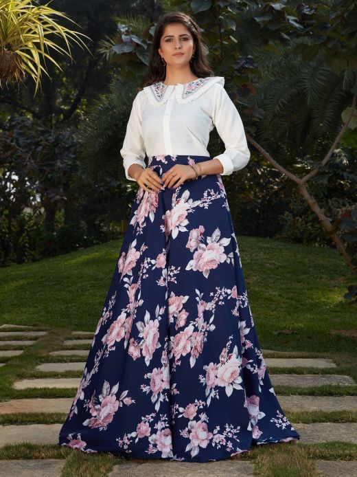 Blue Floral Crepe Indo Western Ready To Wear Skirt With Crop Top