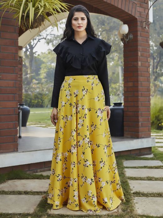Yellow-Black Floral Crepe Indo Western Ready To Wear Skirt With Crop Top