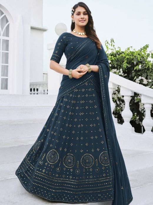 Classy Teal Blue Sequined Georgette Party Wear Lehenga Choli 
