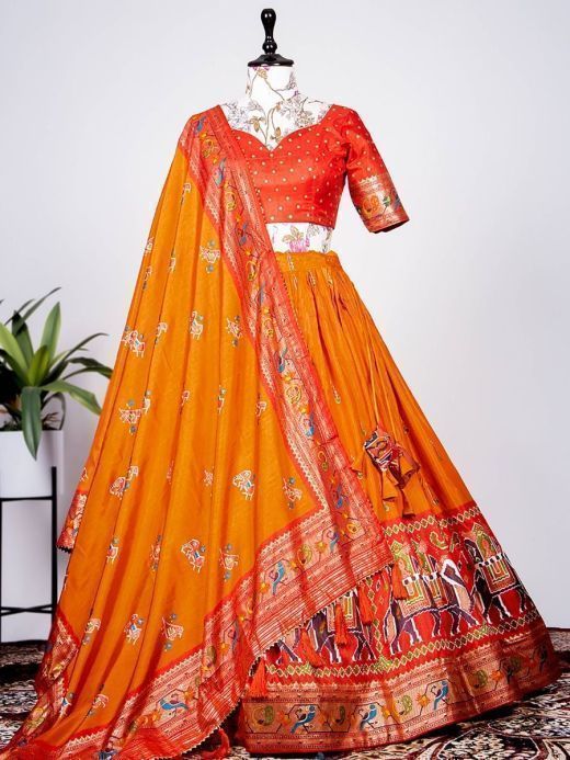 Gracious Orange Patola-Paithani Print Silk Festive Lehenga With Choli