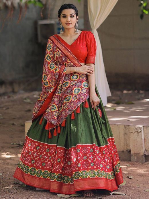 Attractive Green Red Patola Printed Silk Festival Wear Lehenga Choli