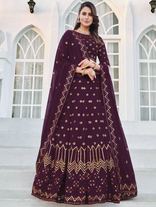 Exquisite Wine Color Sequined Georgette Party Wear Lehenga Choli