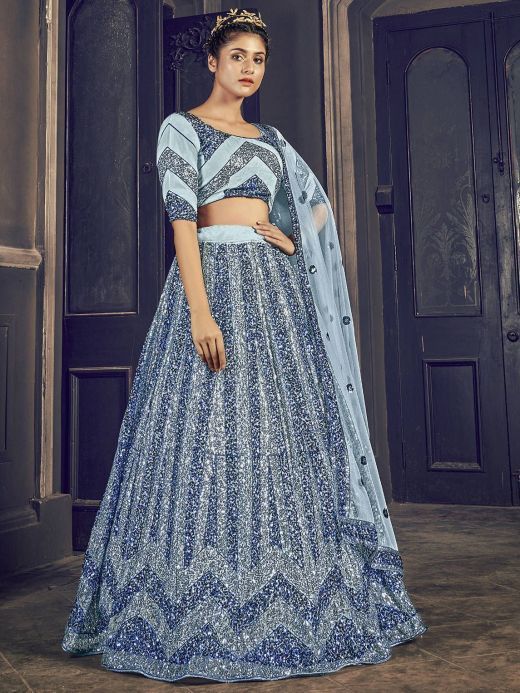 Grey Sequins Embroidered Net Party Wear Lehenga Choli