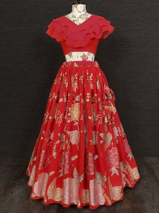 Stunning Red Sequins Georgette Ready To Wear Crop Top With Lehenga 
