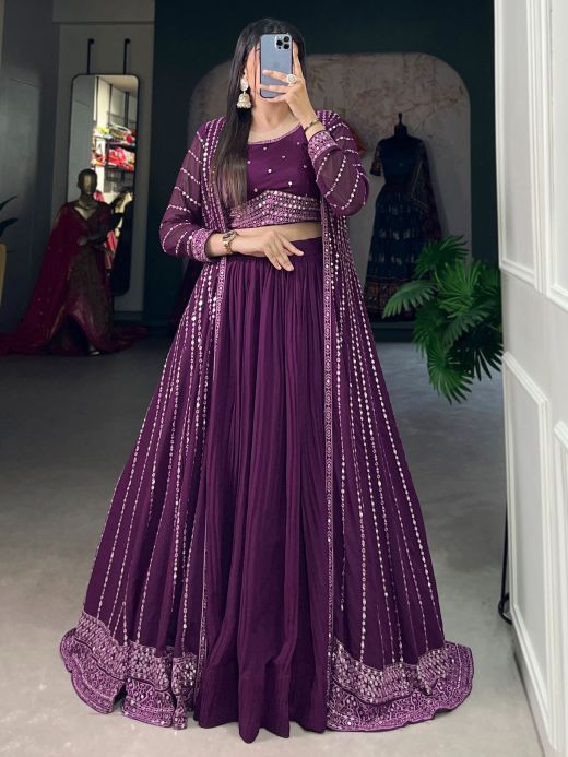 Stunning Purple Georgette Designer Crop Top Lehenga With Jacket