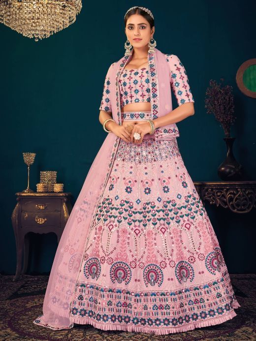 Pink Multi Thread Embroidered Georgette Wedding Wear Lehenga Choli
