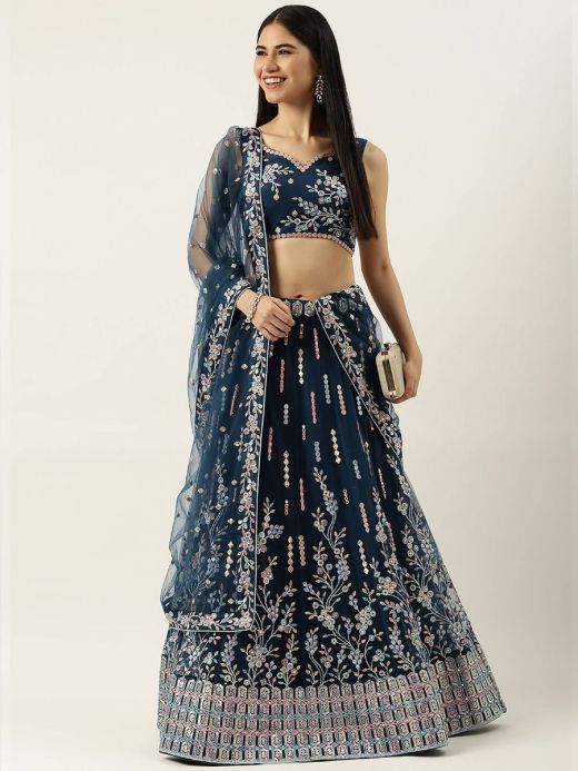 Alluring Navy-Blue Embroidered Net Wedding Wear Lehenga Choli