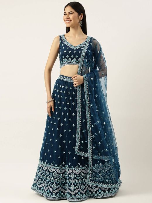 Ravishing Navy-Blue Embroidered Net Sangeet Wear Lehenga Choli