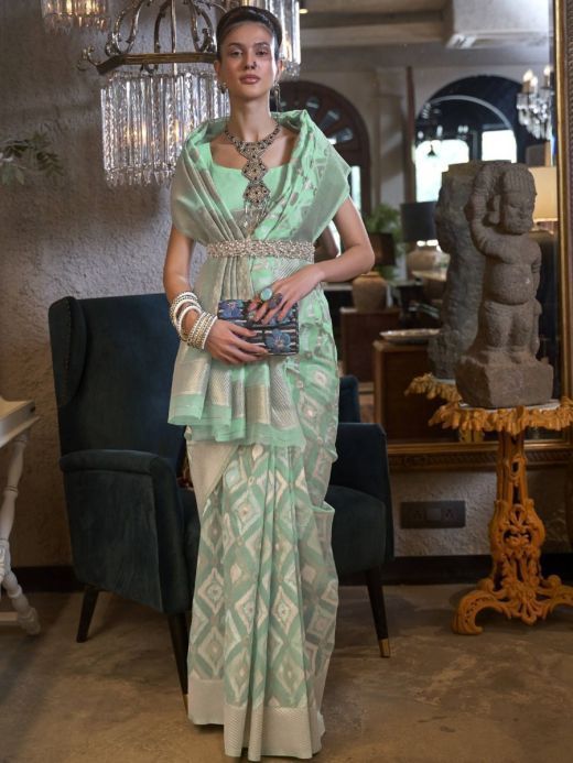 Spectacular Mint-Green Zari Woven Linen Festival Wear Saree With Blouse