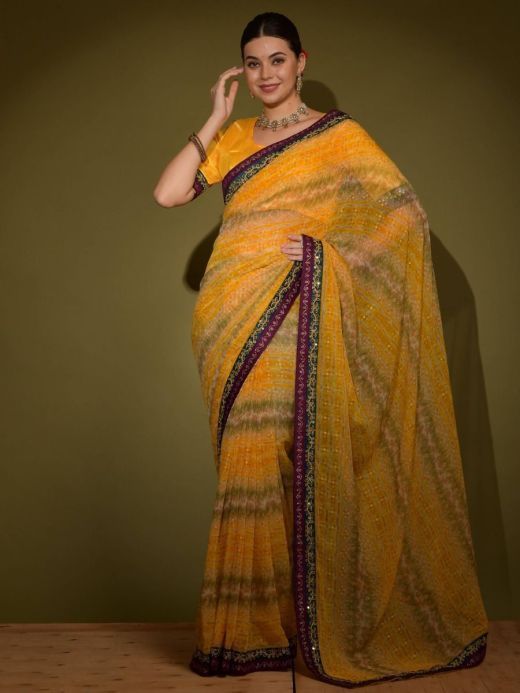 Astonishing Yellow Printed Chiffon Casual Wear Saree With Blouse