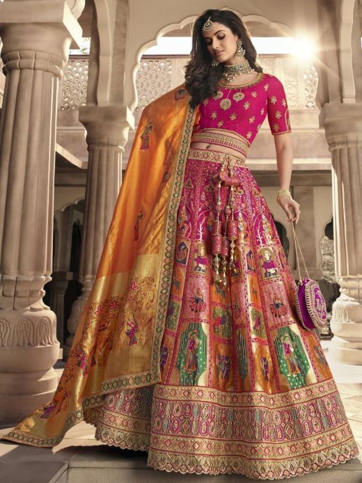 Babelicious Multi-color Banarasi Silk Bridal Wear Lehenga choli