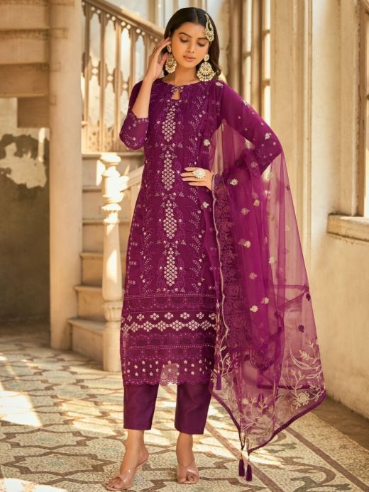 Awesome Purple Thread Embroidered Georgette Salwar Suit