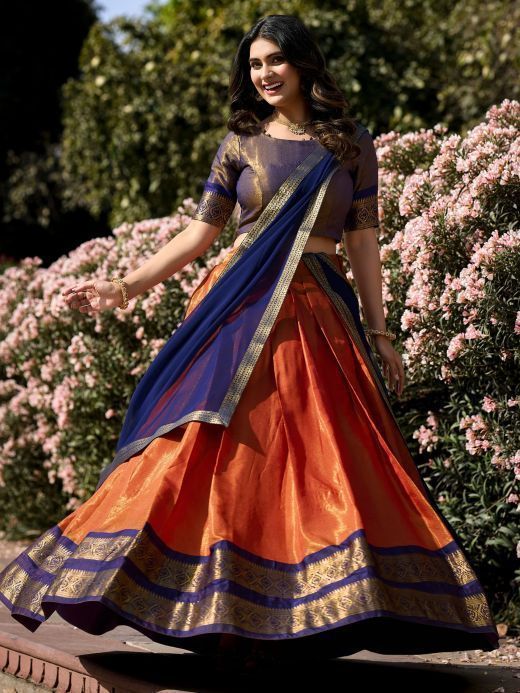 Marvelous Orange Zari Weaving Kanchipuram Silk Lehenga Choli