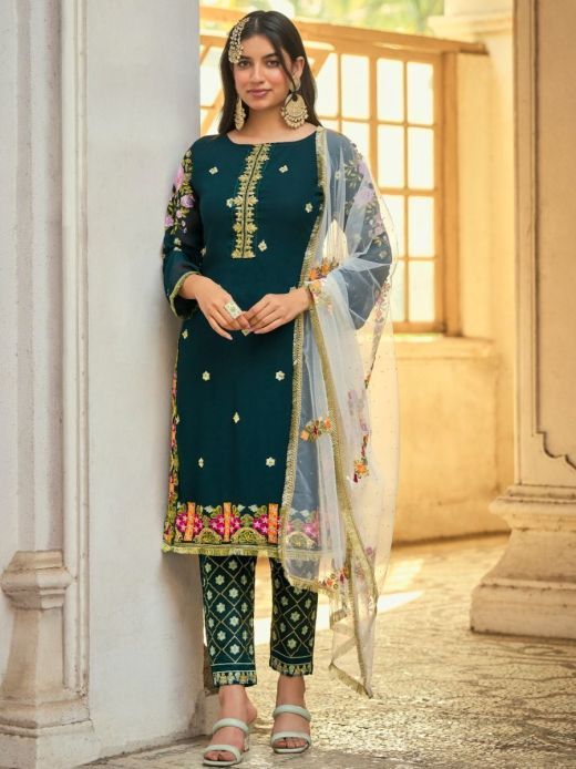 Awesome Bottle Green Sequence Embroidered Georgette Salwar Suit