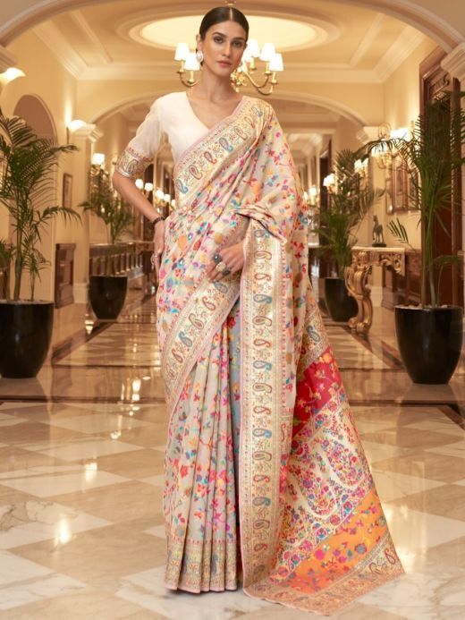Attractive Off-White Zari Weaving Silk Festival Wear Saree