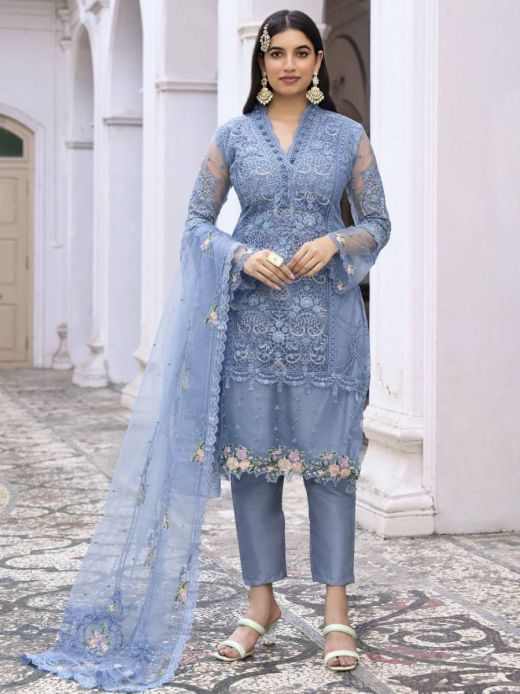 Magnificent Light-Blue Sequins Festive Wear Net Salwar Suit