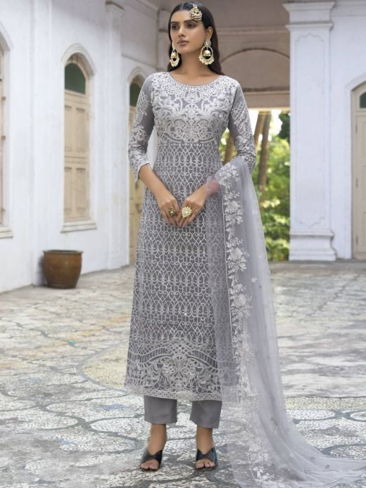 Magnificent Grey Thread Embroidered Georgette Salwar Suit