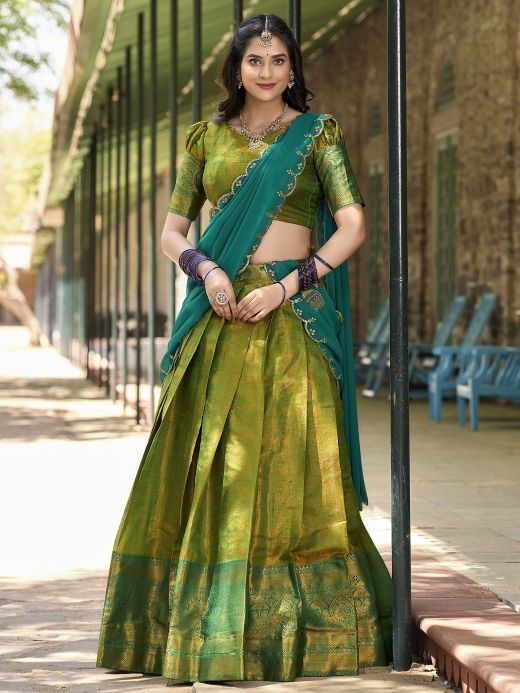 Majestic Green Zari Weaving Kanchipuram Silk Traditional Lehenga Choli