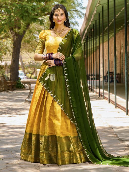 Sweet Yellow Zari Woven Kanchipuram Silk Function Wear Lehenga Choli