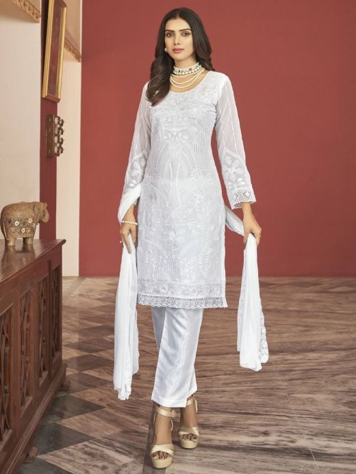 Pleasant White Embroidered Georgette Festival Wear Salwar Kameez 