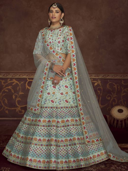 Marvelous Sky Blue Swarovski  Silk Wedding Wear Lehenga Choli