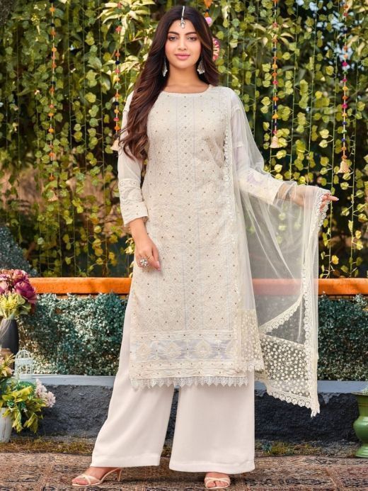 Stunning White Thread Embroidered Georgette Palazzo Suit