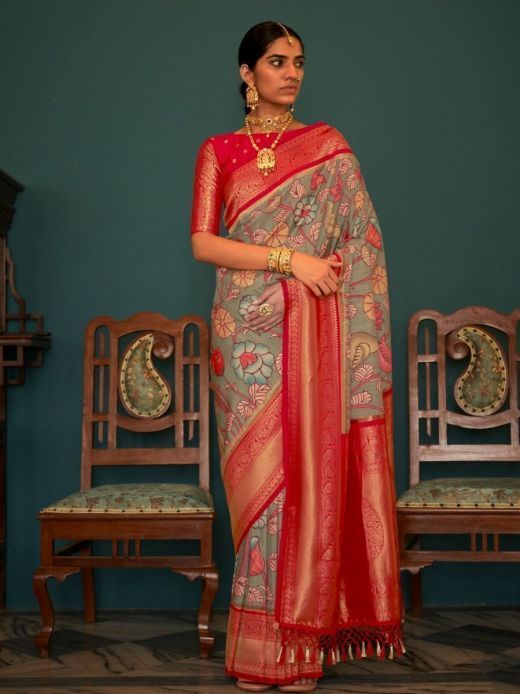 Gorgeous Grey-Red Kalamkari Print Tusser Silk Saree