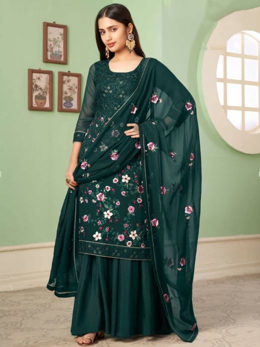 Captivating Dark Green Thread Embroidered Georgette Palazzo Suit
