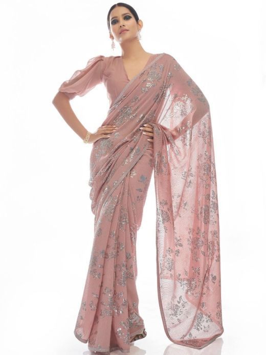 Charming Peach Sequins Embroidered Georgette Saree