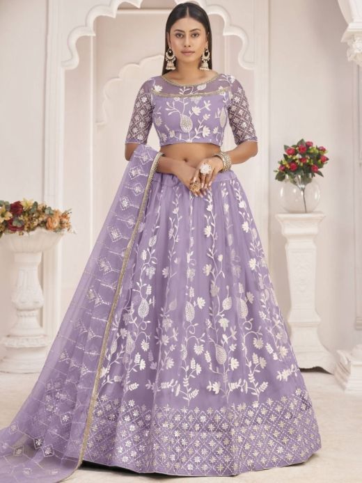 Dazzling Lavender Thread Embroidered Butterfly Net Lehenga Choli