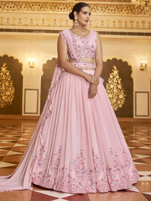 Fanciable Pink Georgette Embroidered Lehenga Choli For Engagement