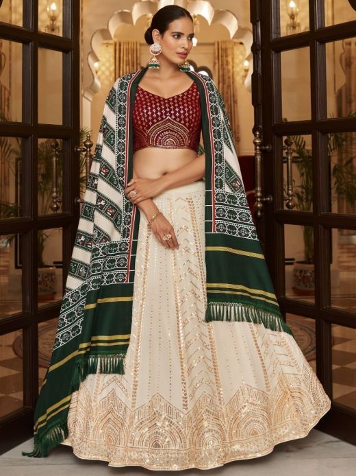 Desirable Off-White Sequins Embroidery Georgette Lehenga Choli