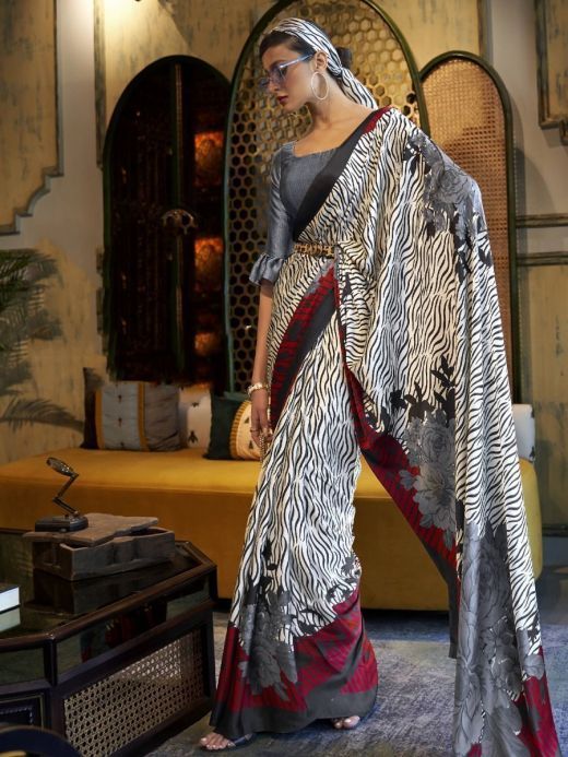 Tempting White & Grey Digital Printed Crepe Festive Wear Saree With Blouse