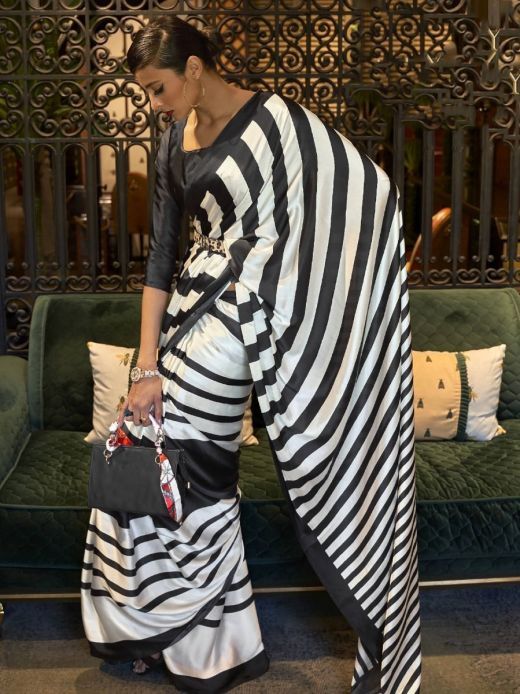 Seductive Black & white Striped Crepe Silk Party Saree With Blouse